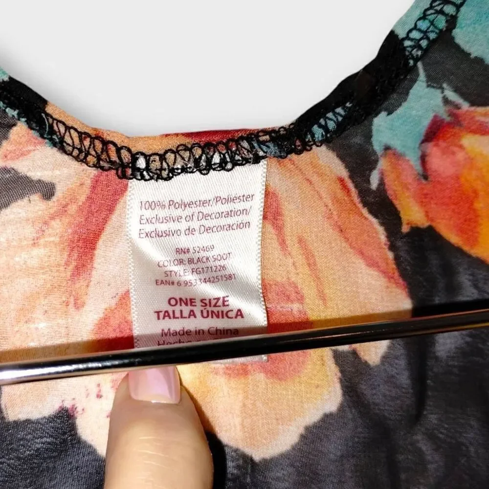 Womens Coverup Semi Sheer Black Red Pink Floral Knee Length Open Pom Poms Beachy